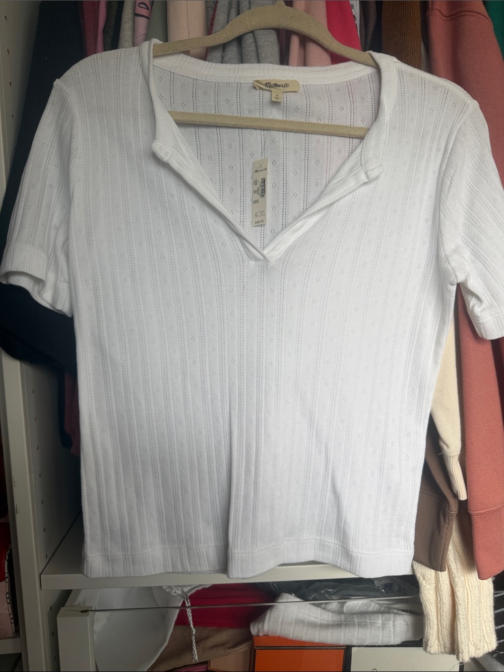 Madewell White Ribbed Eyelet Short-Sleeve V-Neck Tee